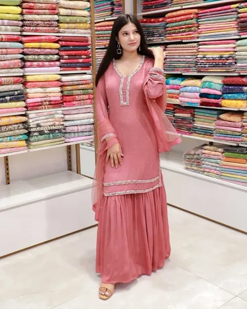 Rust Color Chinon Crepe Sharara Suit for Women