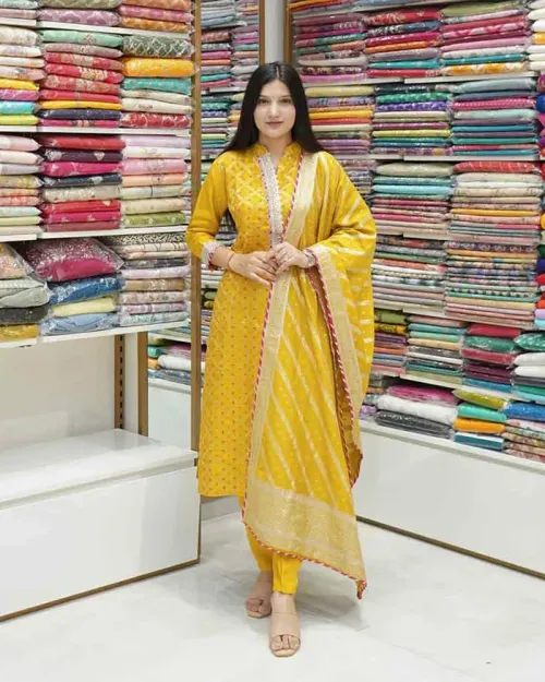Yellow Color Silk Fabric Straight Suit