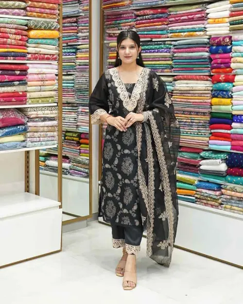 Black Color Chanderi Cotton Kurta Pant