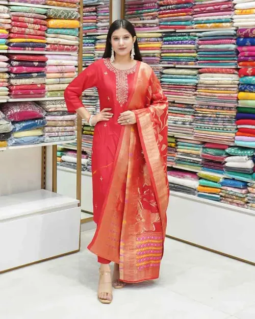Red Color Silk Fabric Straight Suit