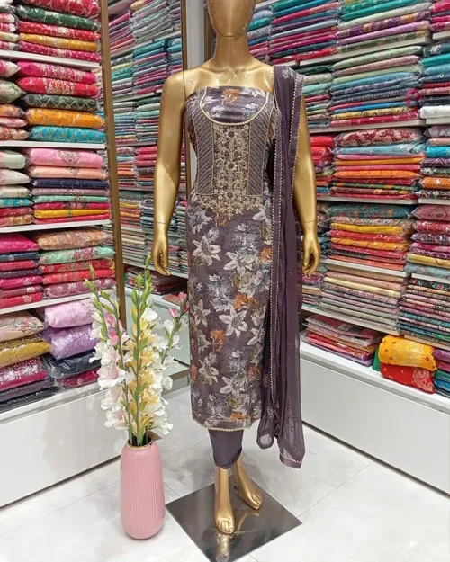 Dark Grey Color Cotton Full Printed Unstitched Suit Material