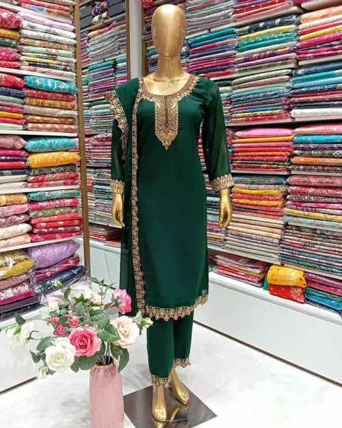 Dark Green Georgette Readymade Fabric Straight Suit