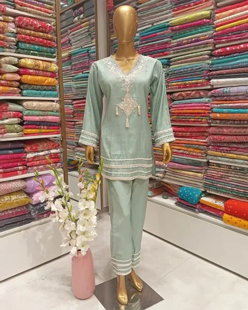 Light Sky Blue Neck Embroided Cotton Co Ord Set