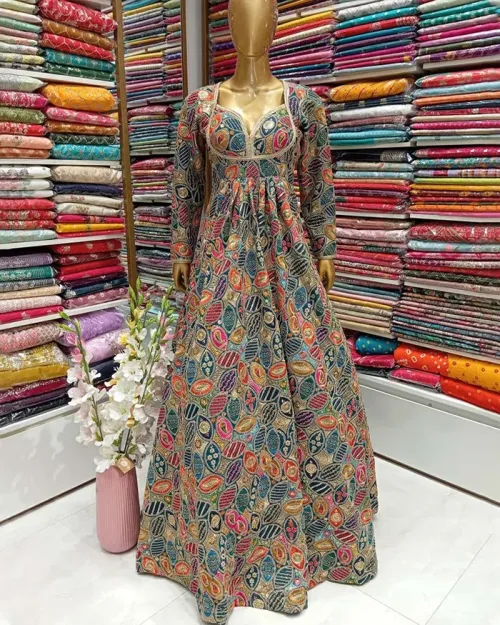 Teel Blue Full Heavy Embroided Silk Fabric Gown