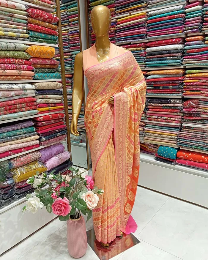 Peach and Ice blue Khadi Banarasi Georgette Fabric Saree
