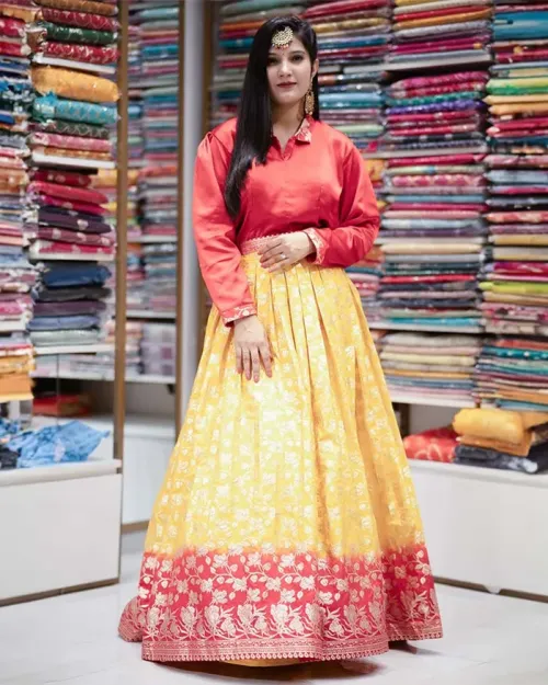Indo Western Style Satin Crepetop With Banarasi Fabric Skirt