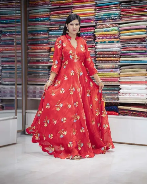 Red Organza Flower Work Readymade Gown