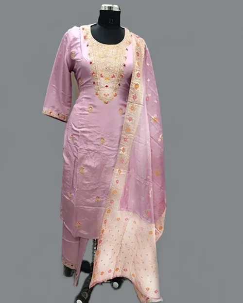 Mauve Color Silk Fabric Full Heavy Neck Straight Suit