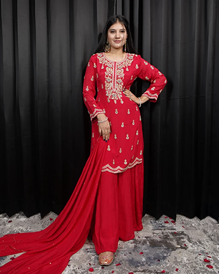Straight Palazzo Suit With Chiffon Fabric