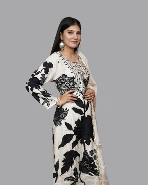 White And Black Readymade Floral Pattern Suit