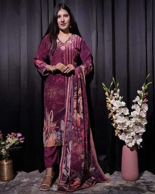 Purple Readymade Floral Print Suit