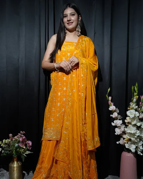 Mustard Yellow Banarasi Work Organza Suit