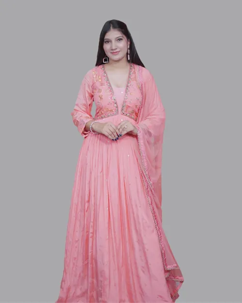 Peach Color Georgette Fabric Anarkali Suit