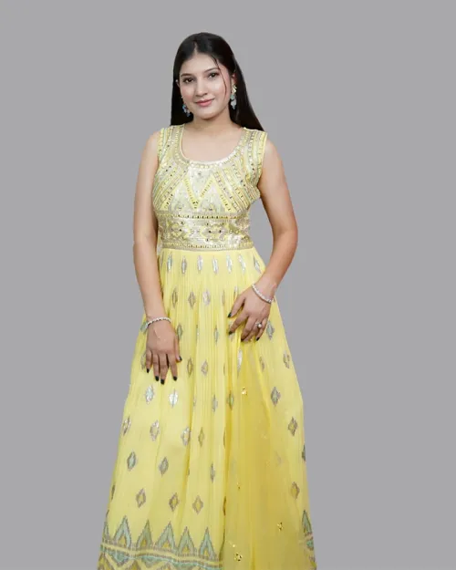 Lemon Color Georgette Fabric Anarkali Suit
