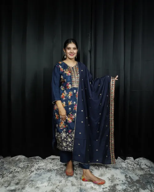 Navy Blue Floral Pattern Straight Suit