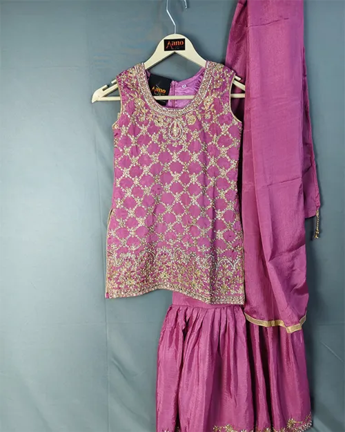 Pink Stone Work Sharara Set For Kids