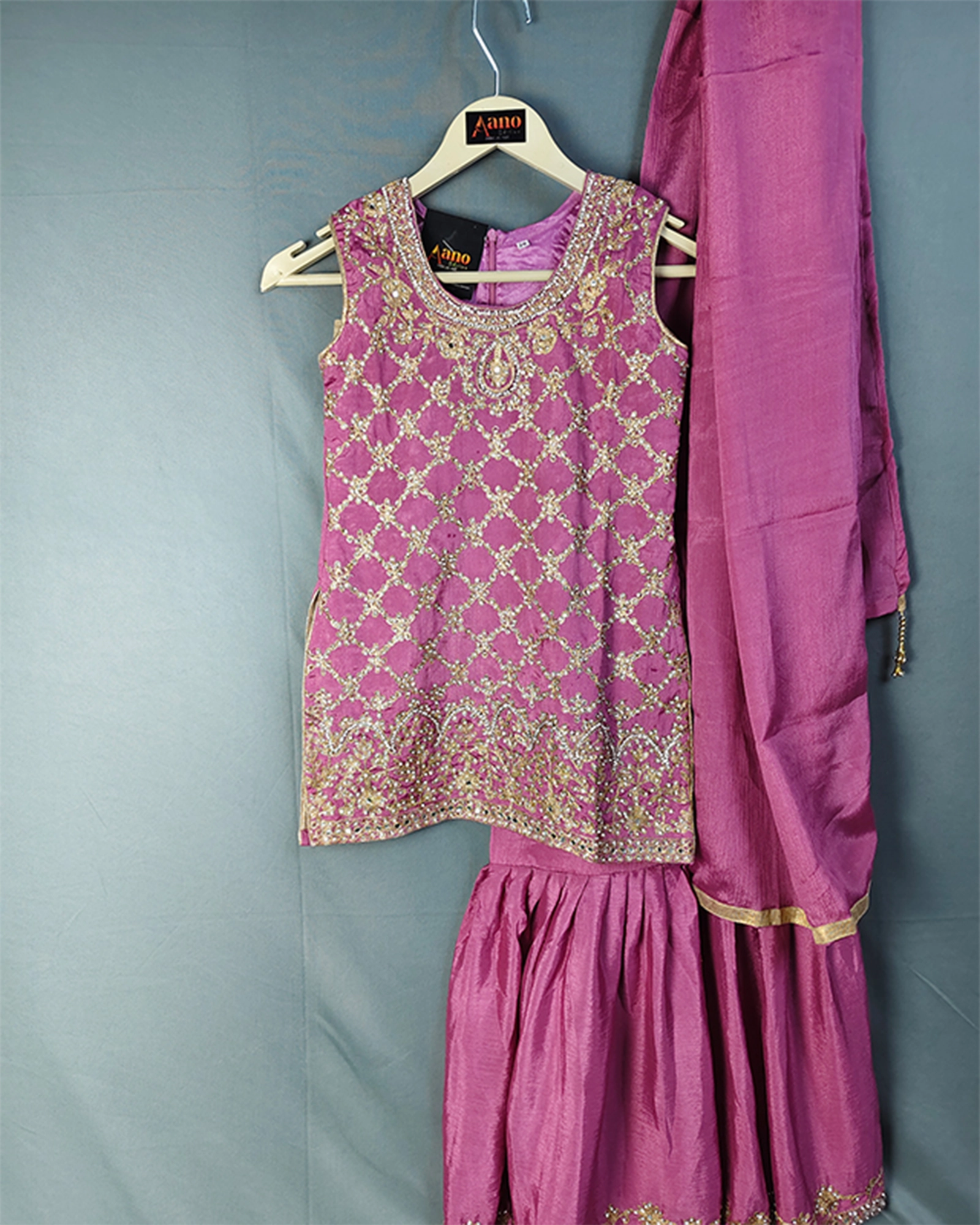 Pink Stone Work Sharara Set For Kids