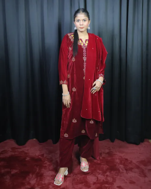 Maroon Stone Work Velvet Suit