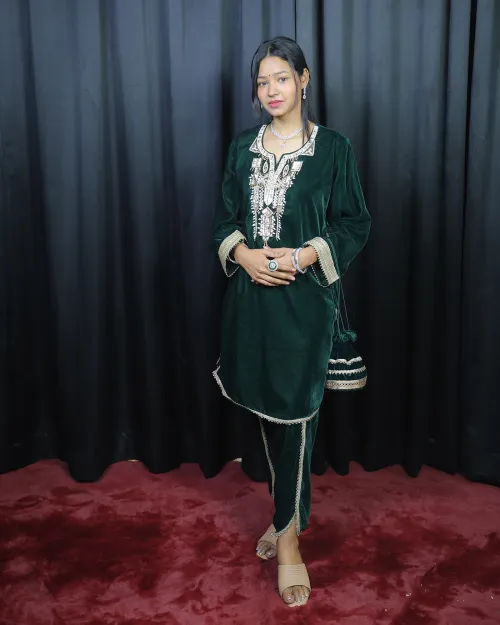 Bottle Green Gota Patti Stone Work Velvet Co-Ord Set