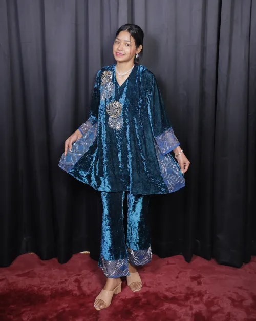 Teal Blue Velvet Peplum With Palazzo