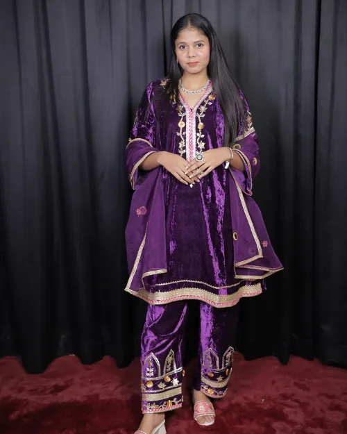Purple Color Zari Work Velvet Suit