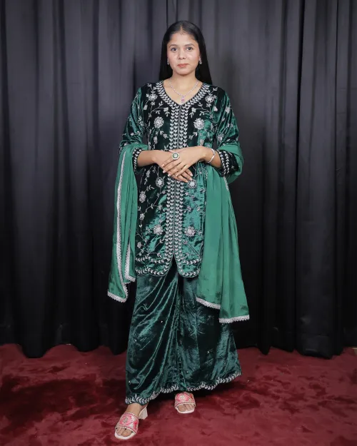 Bottle Green Color Silver Zari Work Velvet Suit