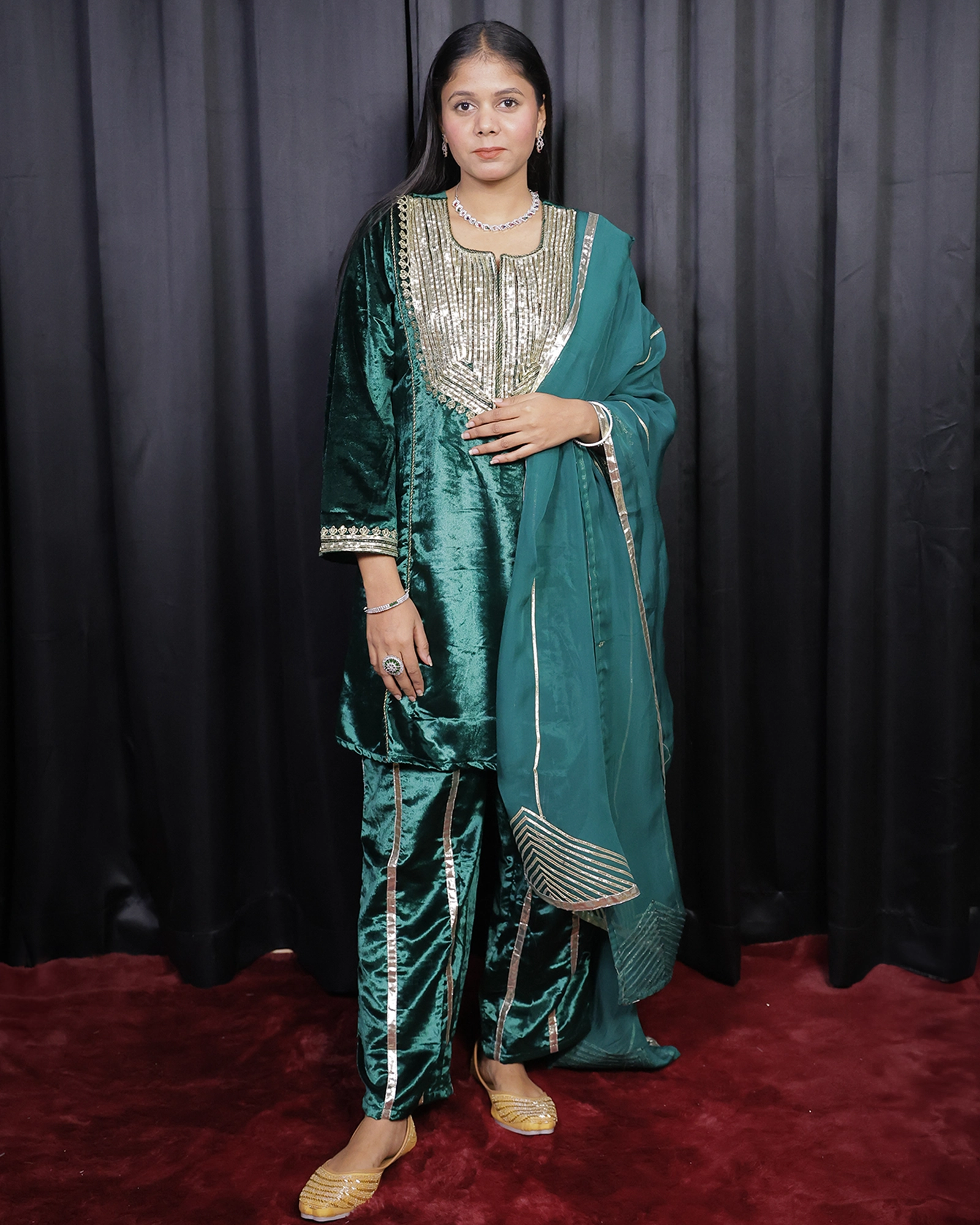 Bottle Green Color Gota Patti Velvet Suit