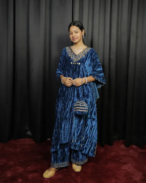 Teal Blue Color Velvet Kaftan