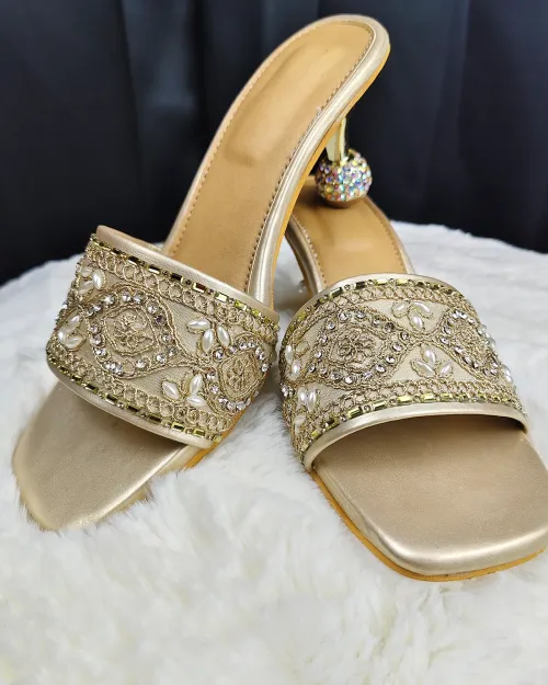Golden Color Detailed Stone Work Sandal
