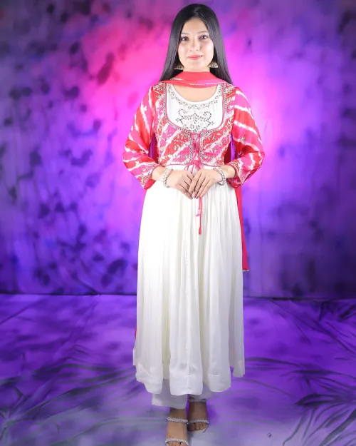 Pure White Neck Style Anarkali Suit With Shrug