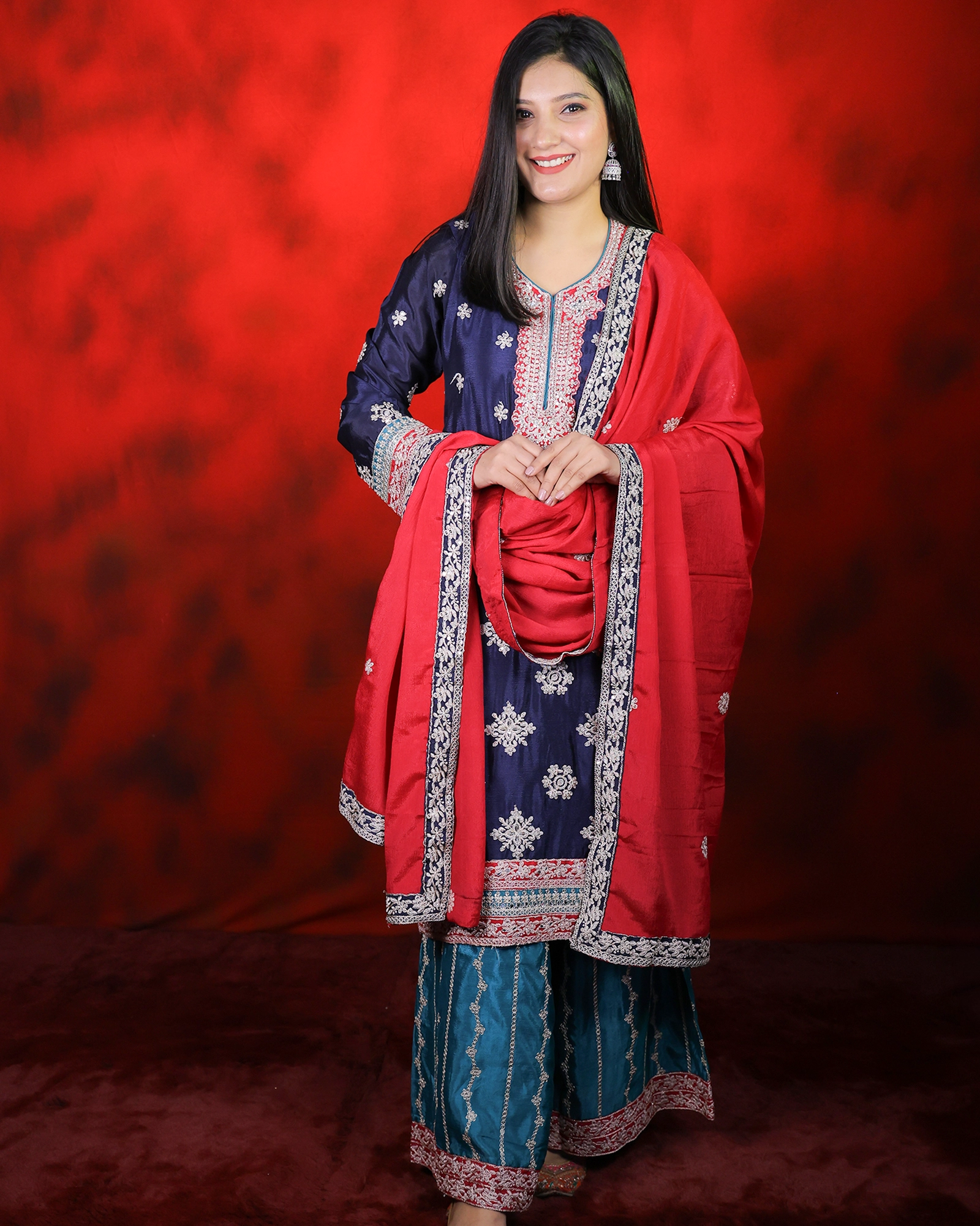 Blue Color Stone Work With Zari Palazzo Suit