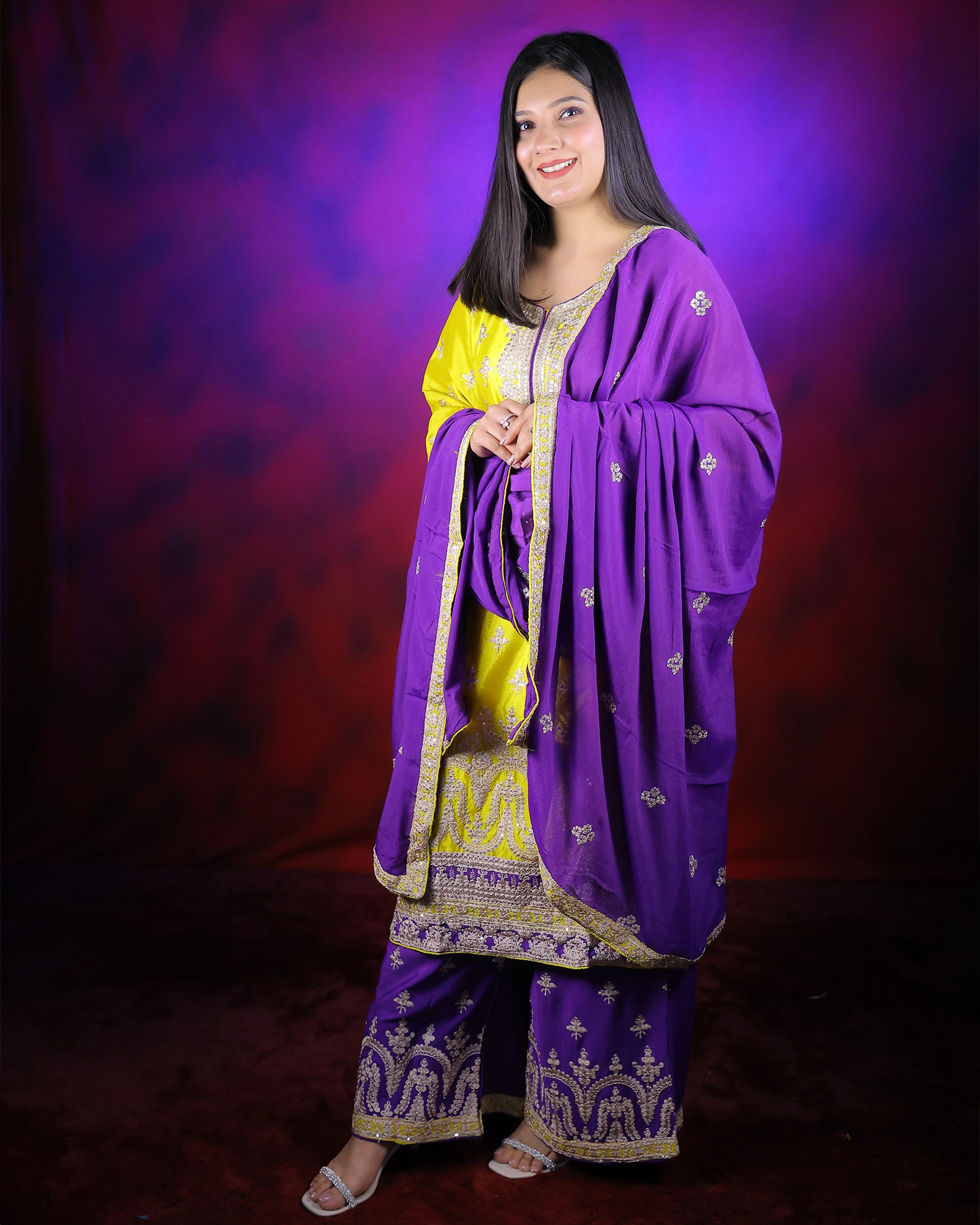 Yellow Color Stone Zari Work Palazzo Style Salwar Suit