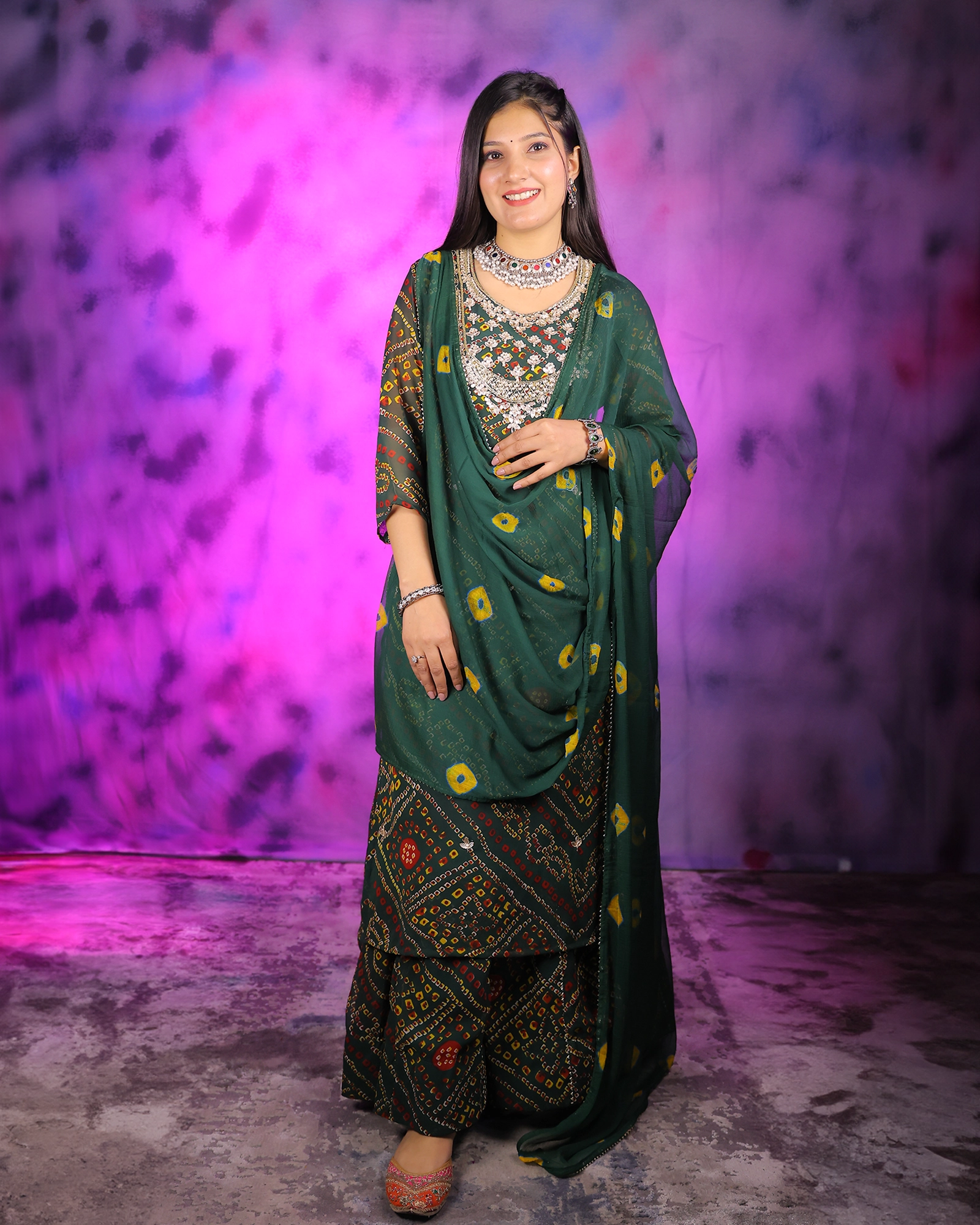 Bottle Green Georgette Ethnic Wear Suit With Skirt