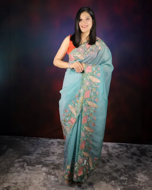 Blue Color Embroidery Work Tissue Saree