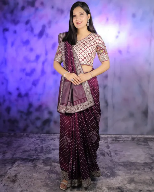 Purple Sequence Zari Work Marble Silk Saree