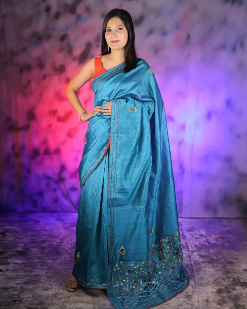 Firozi Embroidery Work Silk Saree
