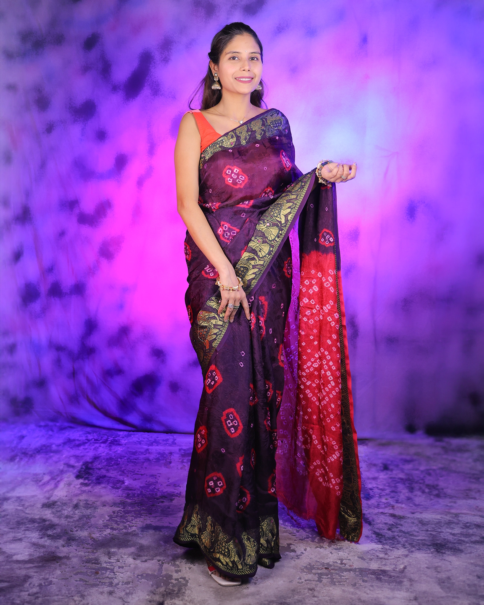Purple Zari Bandhani Silk Saree