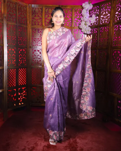 Lavender Embroidery Work Tissue Silk Saree