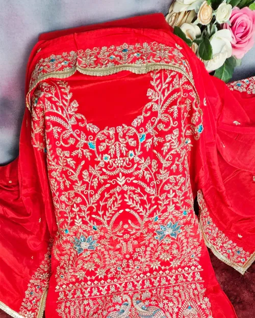 Red Color Stone Work Crepe Silk Punjabi Suit