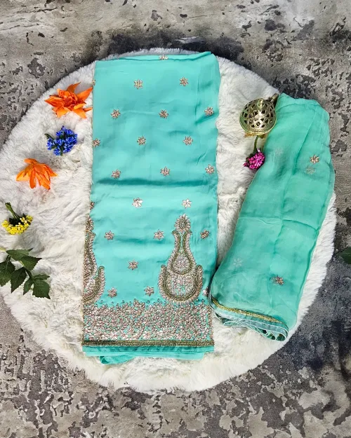 Ice Blue Stone Work Tissue Silk Suit