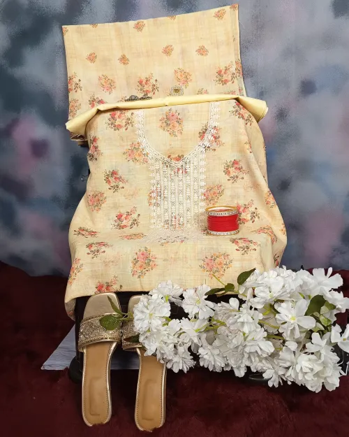 Lemon Embroidered Work Linen Fabric Suit