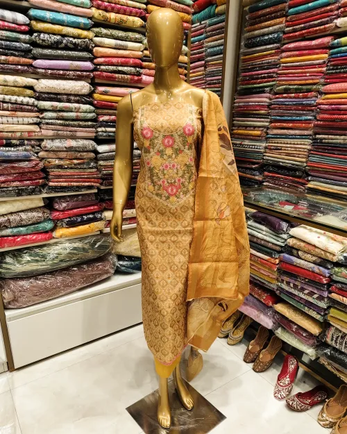 Mustard Embroidery Work Organza Suit