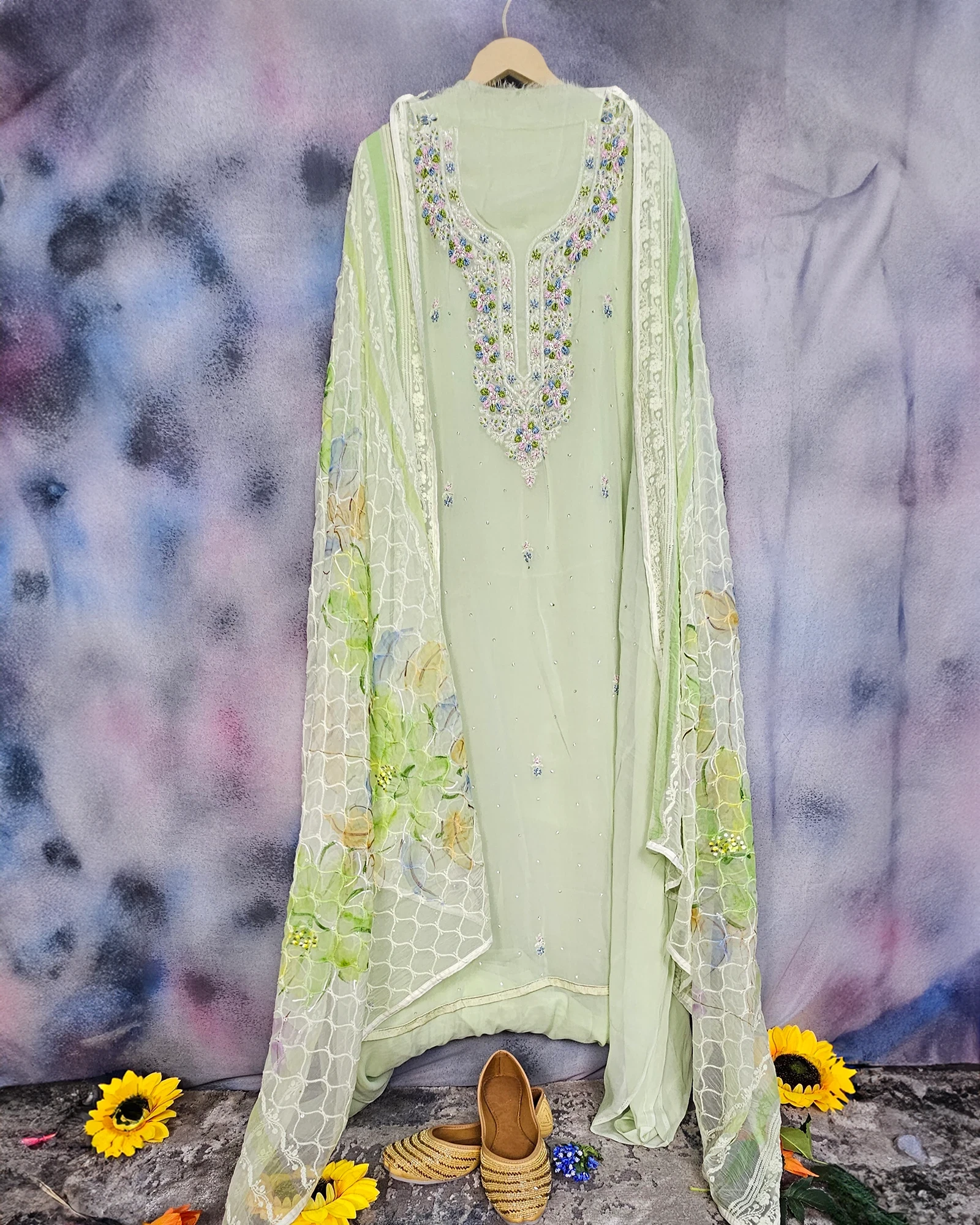 Light Green Embroidery & Stone Work Suit