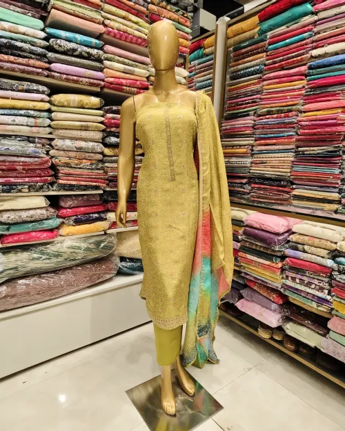 Green Chinon Chiffon Fabric Unstitched Suit