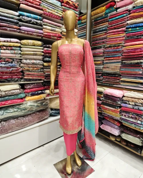 Peach Color Chinon Chiffon Fabric Unstitched Suit
