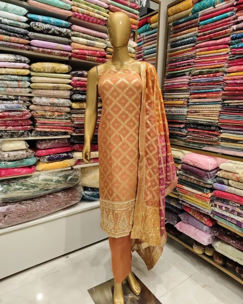 Rust Brown Stone & Zari Work Unstitched Suit