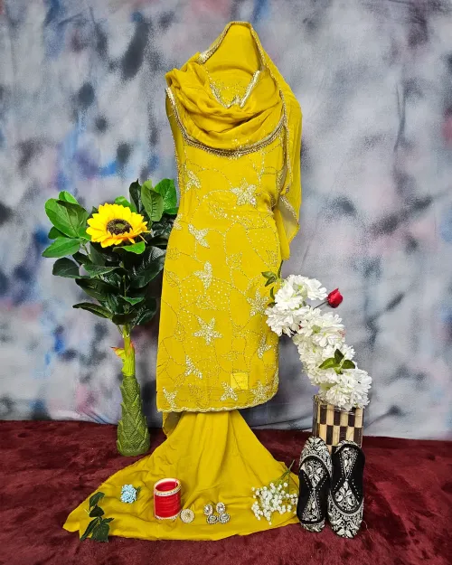 Yellow Stone Work Chiffon Party Wear Suit