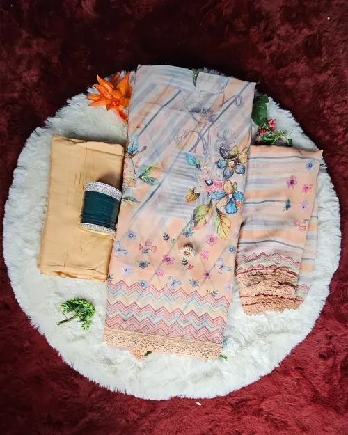 Peach Color Organza Printed Style Suit
