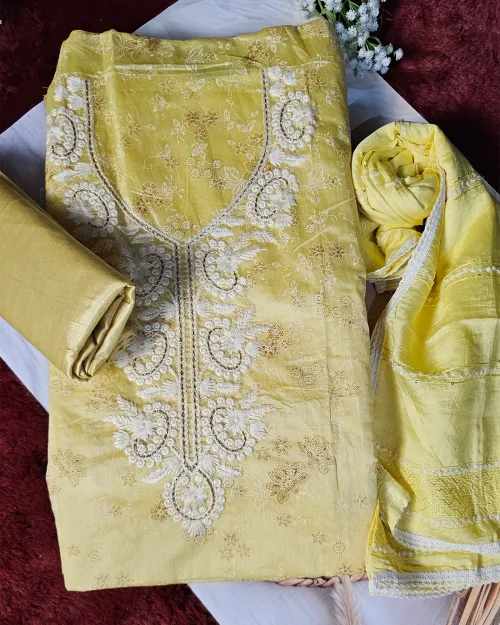 Lemon Color Embroidered Work Suit