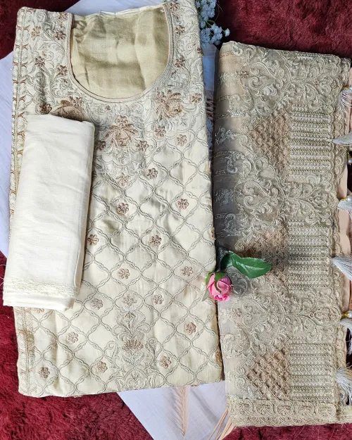 Beige Embroidered & Zari Work Unstitched Suit